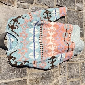 Sundance Raya Light Blue & Peach Patterned Knit Fair Isle Cardigan Small Petite